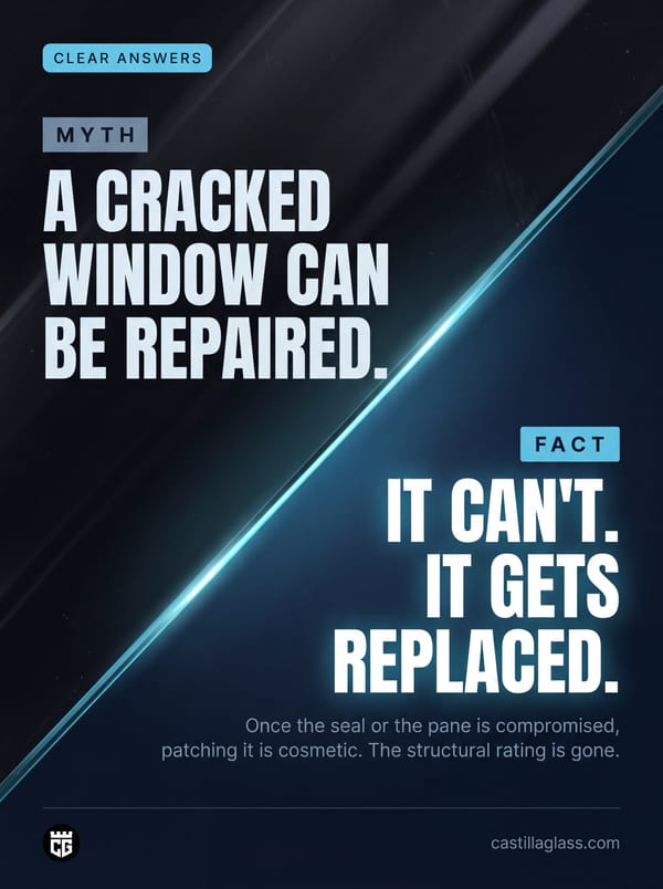 Myth: a cracked window can be repaired. Fact: it can't, it gets replaced. Once the seal or pane is compromised the structural rating is gone