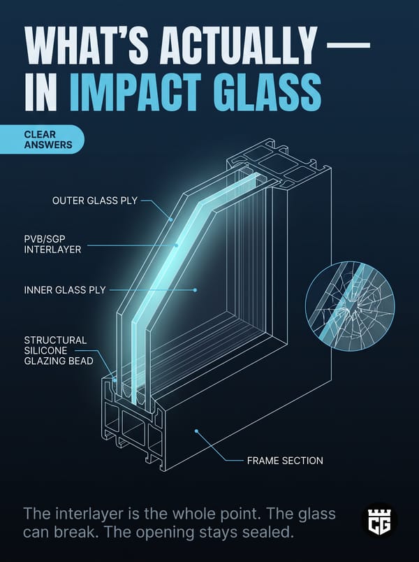 What's actually in impact glass: outer glass ply, PVB or SGP interlayer, inner glass ply, structural silicone glazing bead, frame section