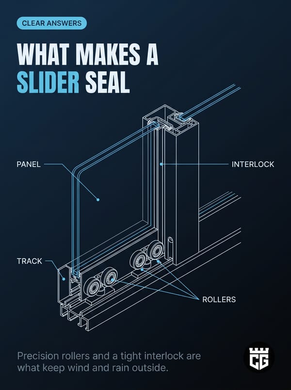 What makes a slider seal: panel, interlock, track and rollers. Precision rollers and a tight interlock keep wind and rain outside