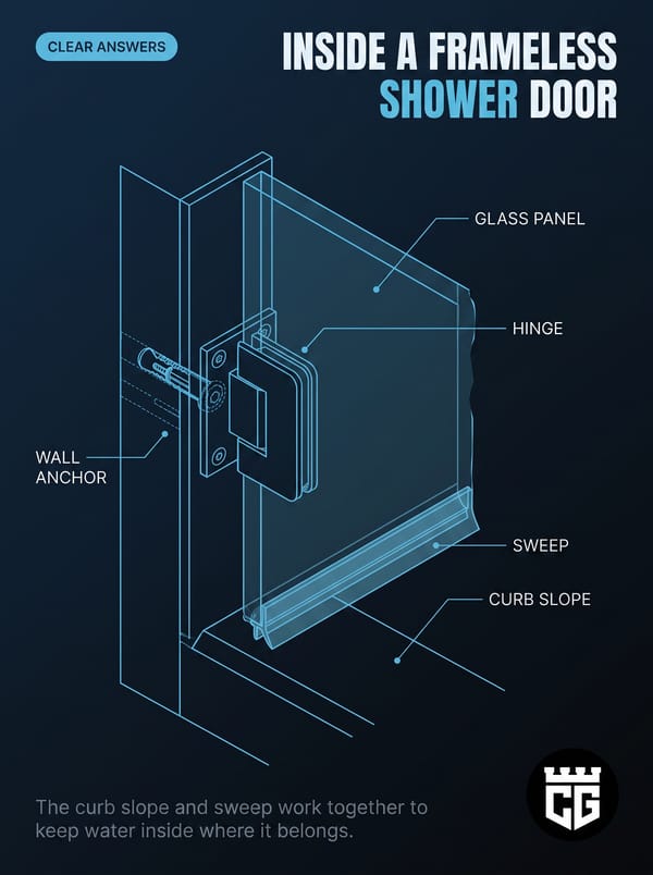 Inside a frameless shower door: glass panel, hinge, wall anchor, sweep and curb slope. The curb slope and sweep keep water inside
