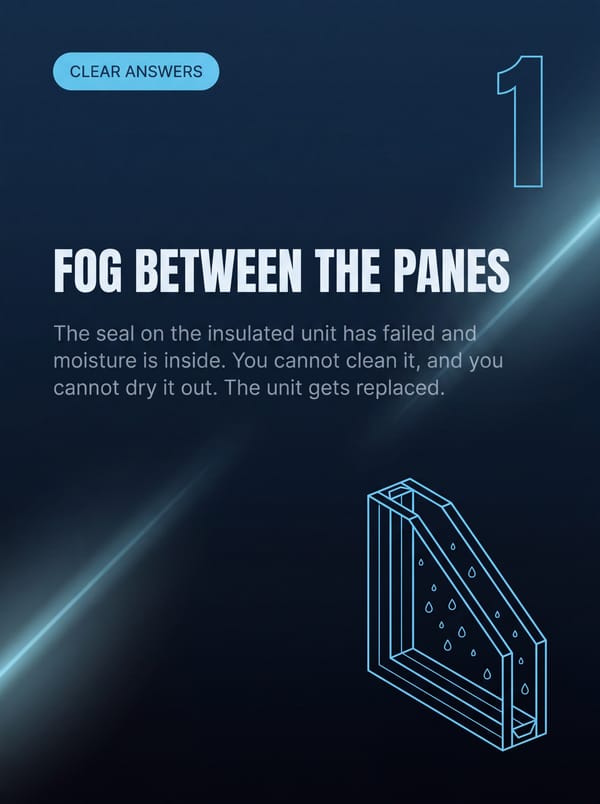 Sign 1: fog between the panes. The seal on the insulated unit has failed and moisture is inside. The unit gets replaced