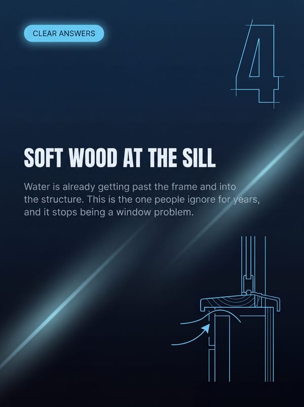 Sign 4: soft wood at the sill. Water is already getting past the frame and into the structure