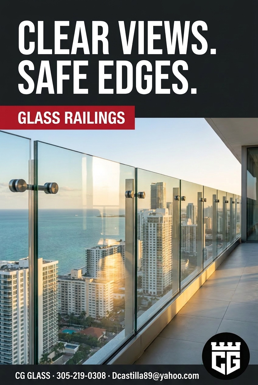 Glass balcony railing with stainless hardware in Miami